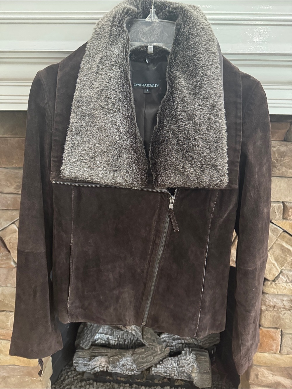 Cynthia Rowley Brown Suede Jacket with Gray Faux Fur Collar